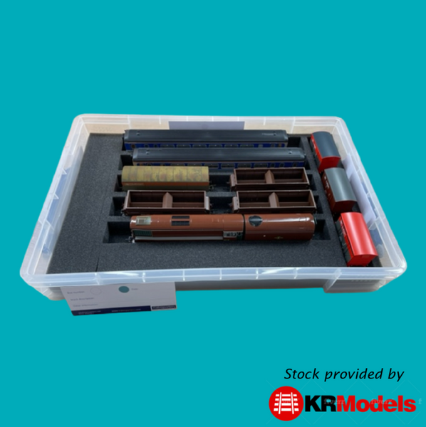 OO Gauge 10 Litre box with up to 8 slots for Locomotives, coaches, wagons, full height stock, split foam design