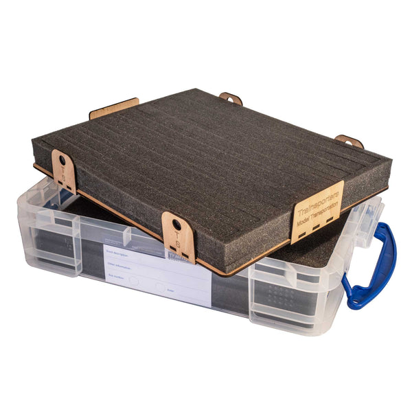 N-Gauge 11 Litre box with up to 18 slots for Locomotives, Coaches, wagons, full height stock, split foam design