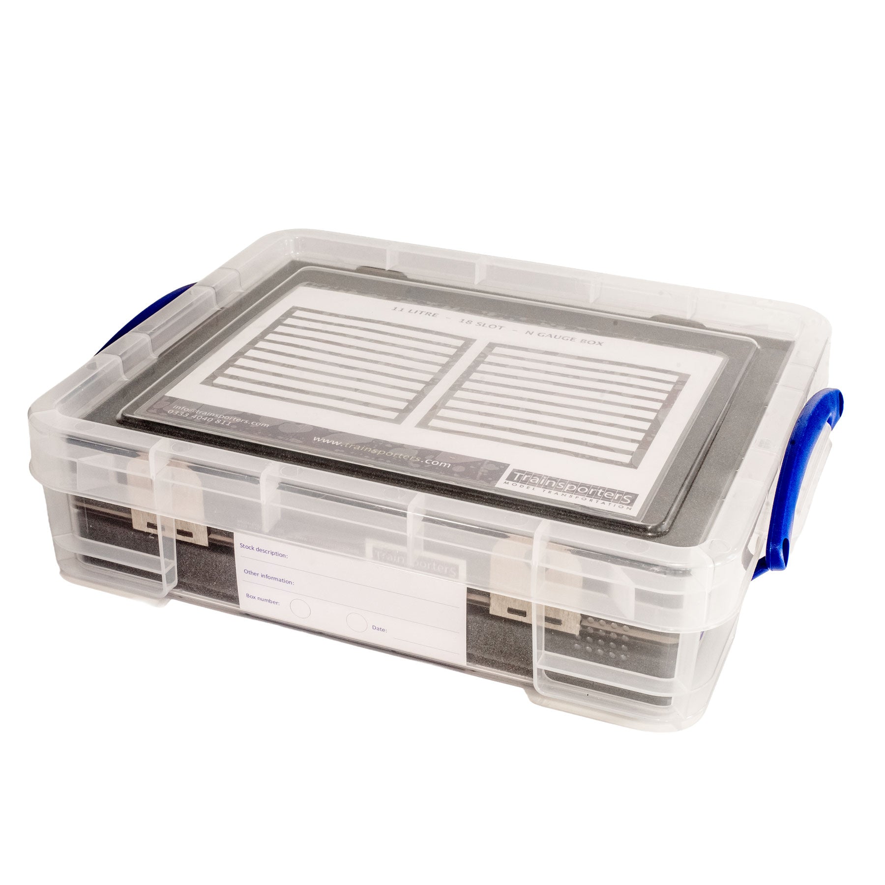 N-Gauge 11 Litre box with up to 18 slots for Locomotives, Coaches, wagons, full height stock, split foam design