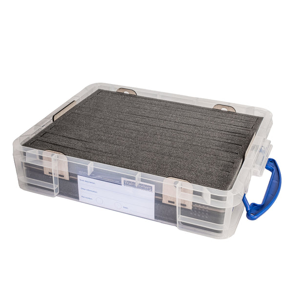 N-Gauge 11 Litre box with up to 18 slots for Locomotives, Coaches, wagons, full height stock, split foam design