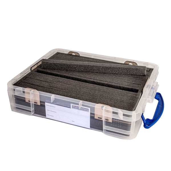 N-Gauge 11 Litre box with up to 18 slots for Locomotives, Coaches, wagons, full height stock, split foam design