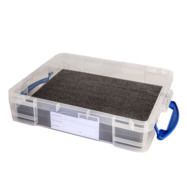 N-Gauge 11 Litre box with up to 18 slots for Locomotives, Coaches, wagons, full height stock, split foam design